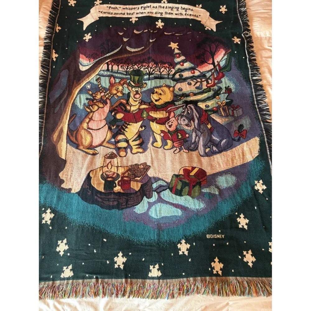 Vintage 90s Disney Winnie the Pooh Christmas Caroling Tapestry Throw Blanket